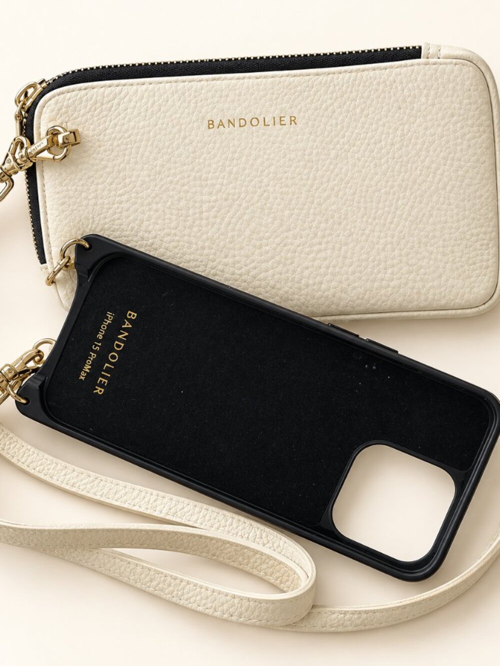 Bandolier iPhone 15 Pro Max Crossbody Case and Zip Pouch Set Cream Leather EUC -